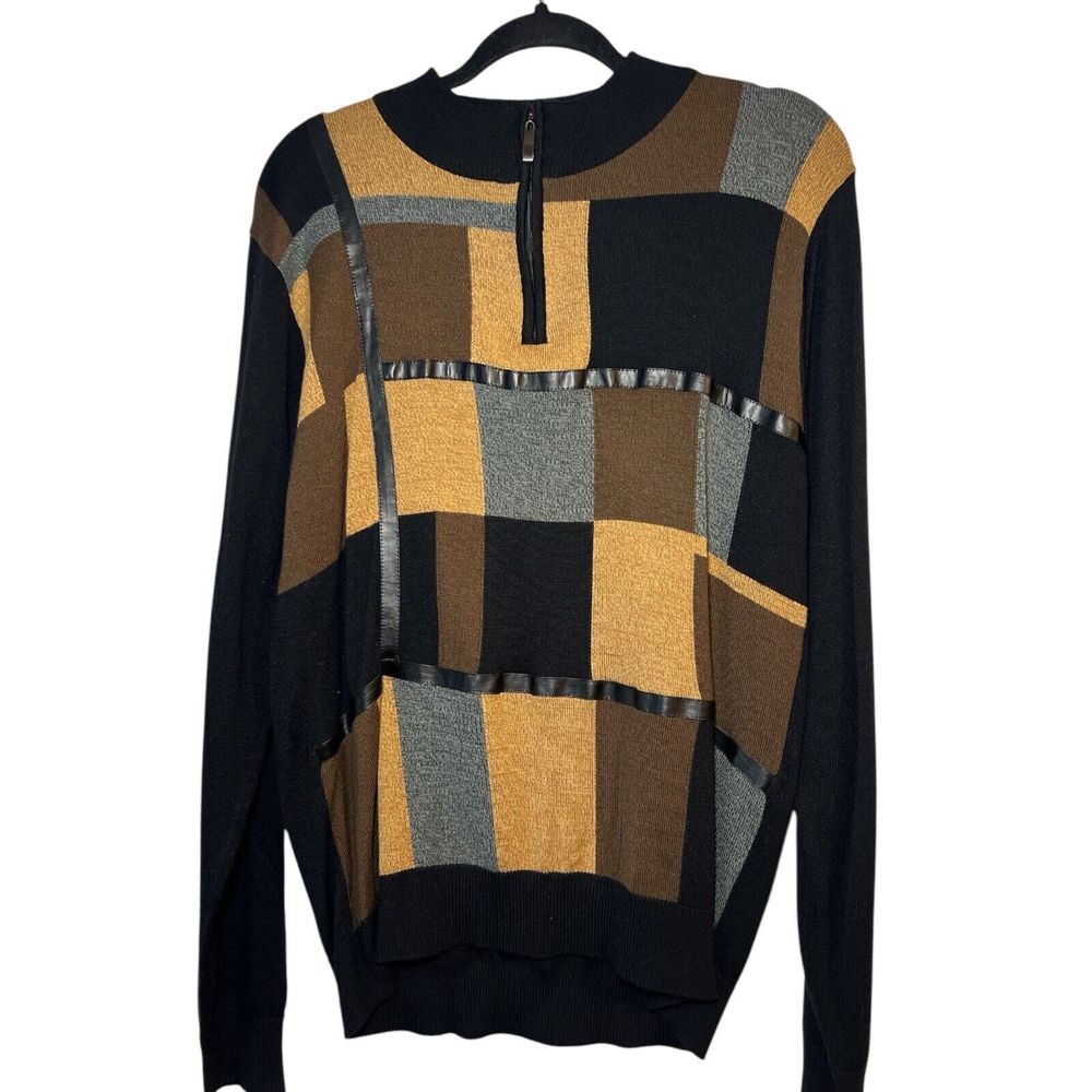 Miko 1/4 Zip Pullover Knit Sweater Men's Large Long Sleeve Black Multi Patchwork